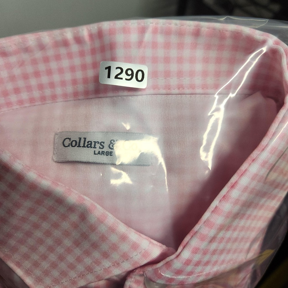 Collars & Co. Polo Shirt Mens Large Pink Dress Collar Gingham Golf Polyester - Picture 9 of 9